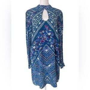 Boho, Geometric, Floral, Long Sleeve Coquette, Y2K, Keyhole Dress Blue Green Sm